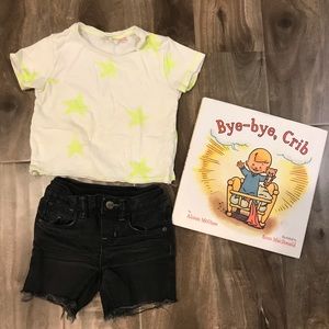 Zara Neon Yellow T-shirt+GAP denim short+A book